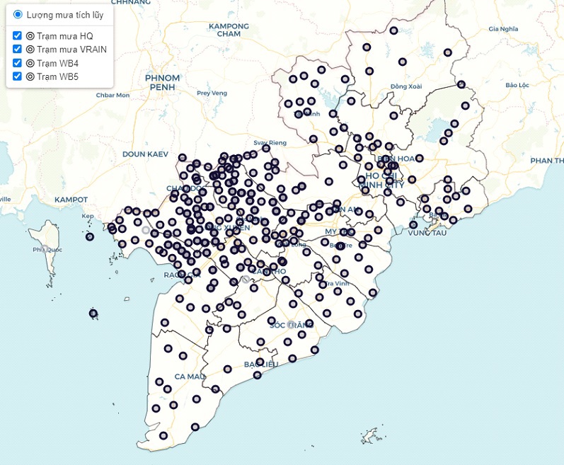 Giao diện web hiển thị vị tr&iacute; c&aacute;c trạm đo mưa tự động (295 trạm).