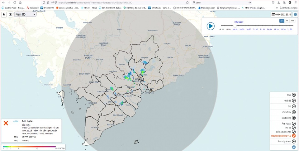 Giao diện c&ocirc;ng cụ ước lượng mưa từ độ phản hồi radar.