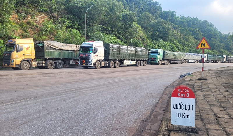 C&aacute;c phương tiện vận tải chở than đ&aacute; nằm chờ k&eacute;o d&agrave;i h&agrave;ng km tr&ecirc;n Quốc lộ 12C v&igrave; bến b&atilde;i chật hẹp, mưa gi&oacute; chưa thể bốc h&agrave;ng xuống t&agrave;u