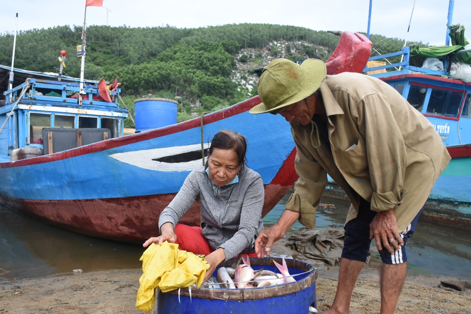 B&agrave; Nguyễn Thị Đựng lấy c&aacute; ở bến s&ocirc;ng Trường để mang ra chợ b&aacute;n.