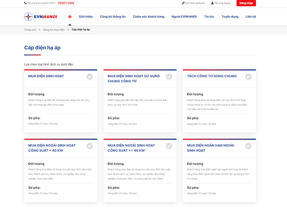 Th&ocirc;ng tin đăng k&yacute; cấp điện hạ &aacute;p tr&ecirc;n website: evnhanoi.vn