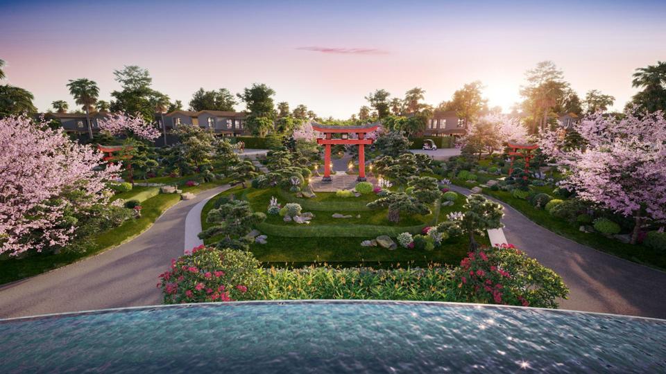 Heian Villas c&oacute; quy m&ocirc; 9,6 ha, nằm tr&ecirc;n mạch kho&aacute;ng n&oacute;ng Radon qu&yacute; hiếm, b&ecirc;n cảnh quan n&uacute;i Tản, s&ocirc;ng Đ&agrave; h&ugrave;ng vĩ