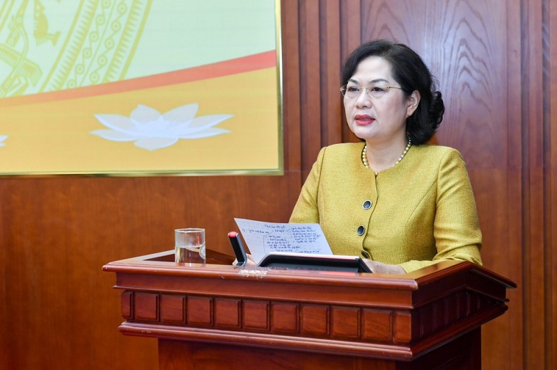 Thống đốc NHNN Nguyễn Thị Hồng ph&aacute;t biểu tại hội nghị. Ảnh H.G
