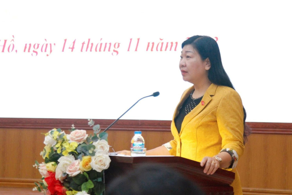 Chủ tịch Ủy ban MTTQ Việt NamTP Hà Nội Nguyễn Lan Hương phát biểu tại buổi tiếp xúc cử tri.  Ảnh Hương Ly