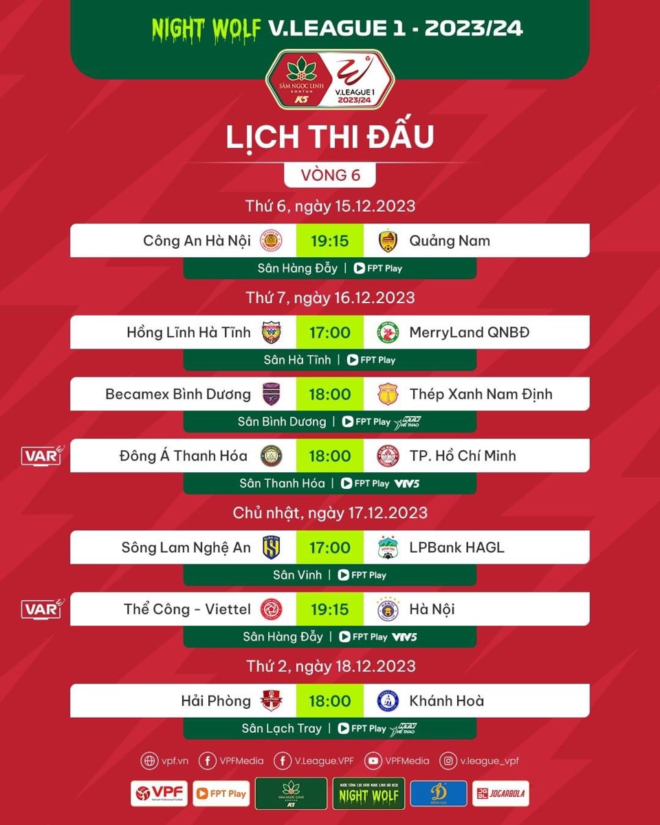 Lịch thi đấu chi tiết vòng 6 V-League 2023/2024 - Ảnh 1