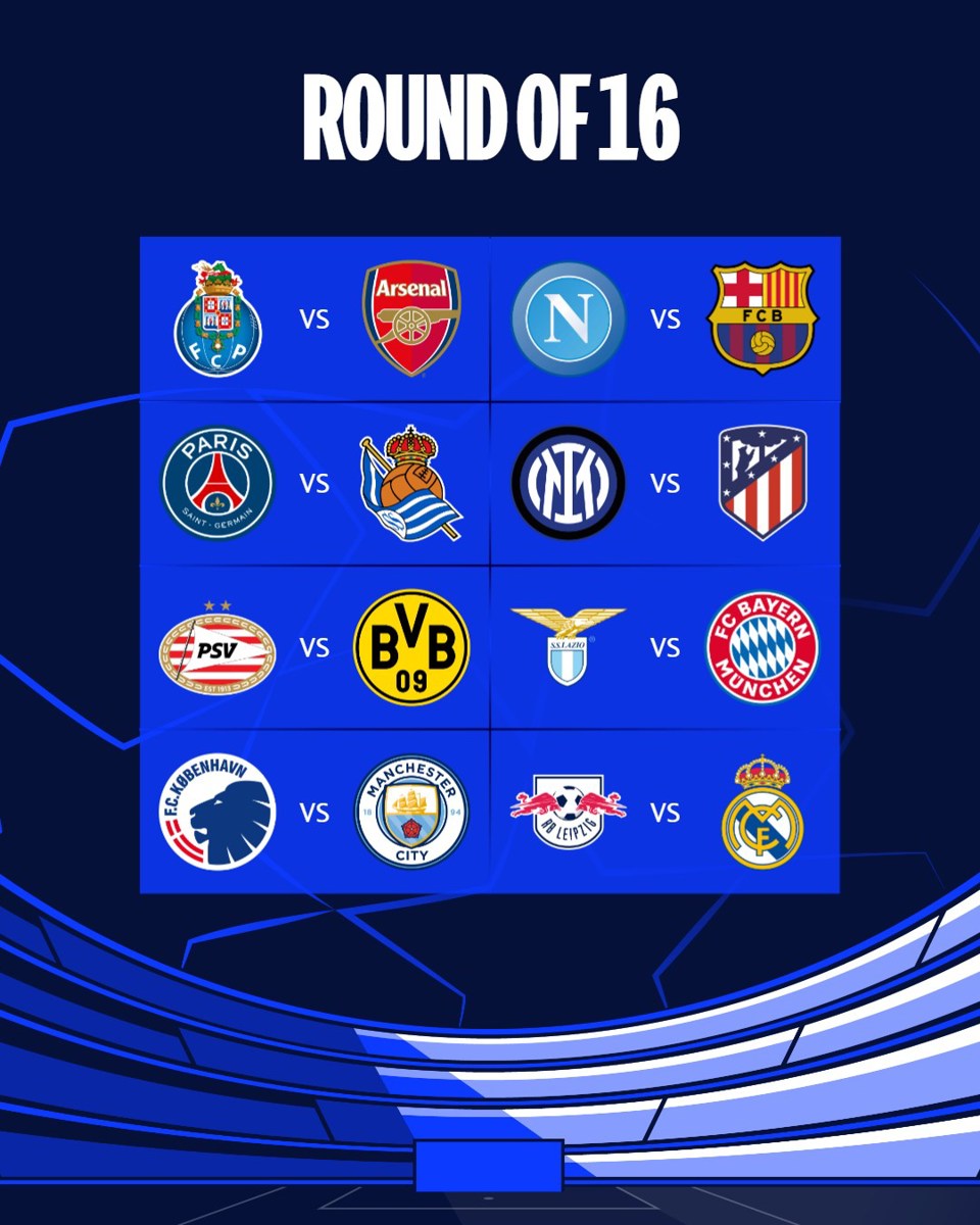 Kết quả bốc thăm&nbsp;v&ograve;ng 1/8 Champions League 2023/2024.