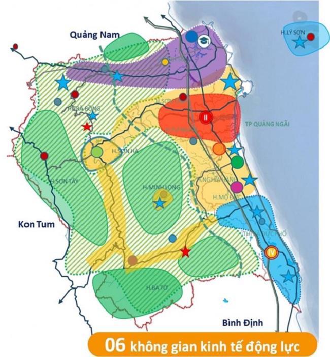 Quy hoạch tỉnh Quảng Ng&atilde;i định h&igrave;nh kh&ocirc;ng gian, tầm nh&igrave;n ph&aacute;t triển thể hiện qua cấu tr&uacute;c: 2 Trung t&acirc;m động lực tăng trưởng, 3 Trung t&acirc;m đ&ocirc; thị, 4 h&agrave;nh lang kinh tế chiến lược v&agrave; 6 v&ugrave;ng kh&ocirc;ng gian kinh tế động lực.