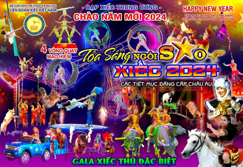 Poster chương tr&igrave;nh xiếc của Rạp Xiếc Trung ương ch&agrave;o đ&oacute;n năm 2024.