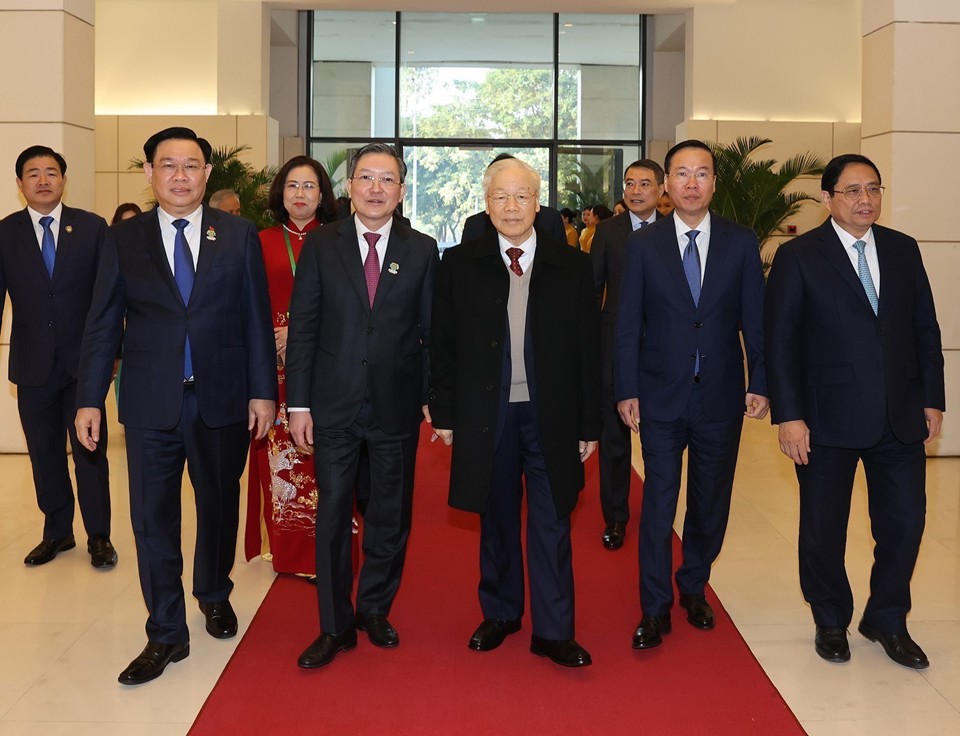 Tổng Bí thư Nguyễn Phú Trọng cùng các đồng chí lãnh đạo Đảng, Nhà nước dự đại hội. Ảnh: TTXVN