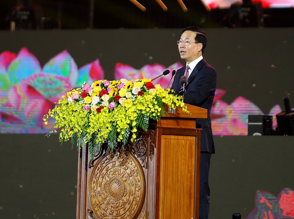 Chủ tịch nước V&otilde; Văn Thưởng ph&aacute;t biểu tại buổi lễ. Ảnh Giang Lam