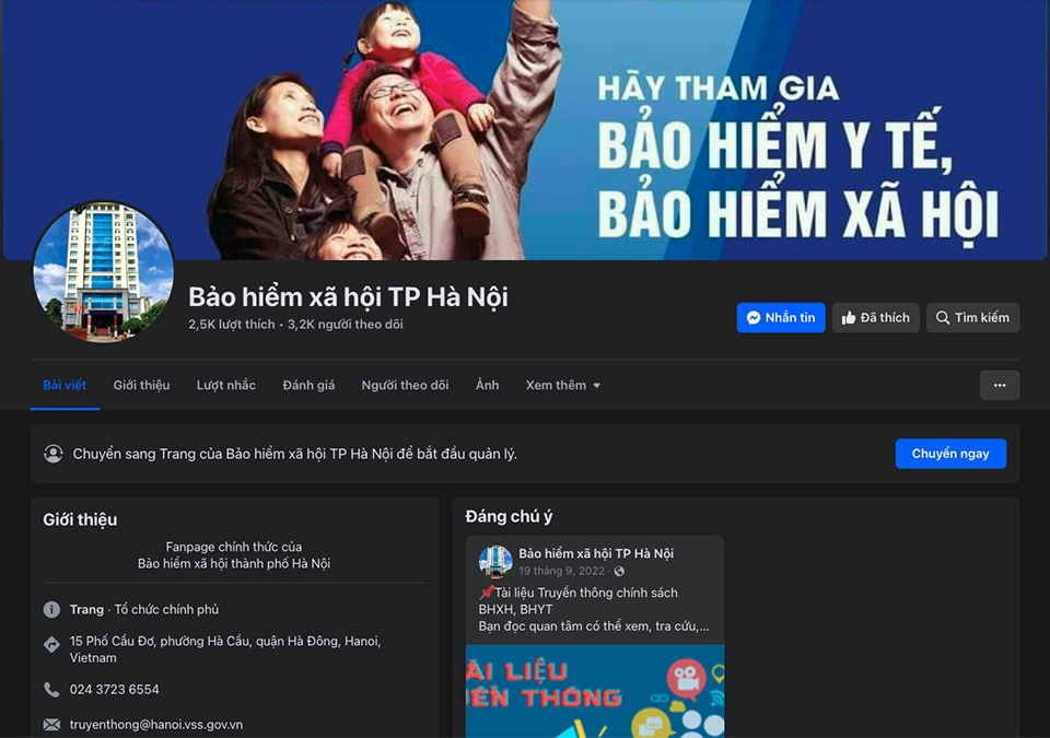 Bảo hiểm xã hội Hà Nội chỉ có một trang fanpage duy nhất.