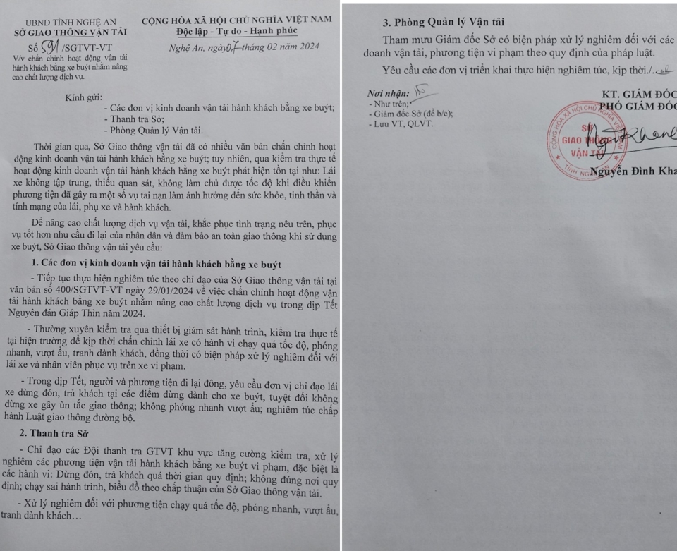 Văn bản chỉ đạo của Sở Giao th&ocirc;ng Vận tải Nghệ An về hoạt động xe bu&yacute;t dịp Tết.