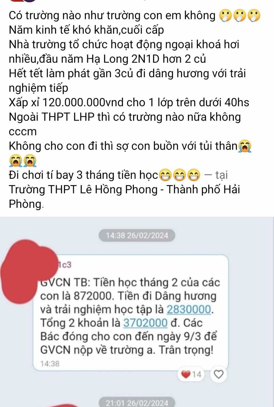 Phụ huynh&nbsp;bức x&uacute;c khi phải đ&oacute;ng 2.830.000 đồng cho con đi học tập trải nghiệm. Ảnh LT