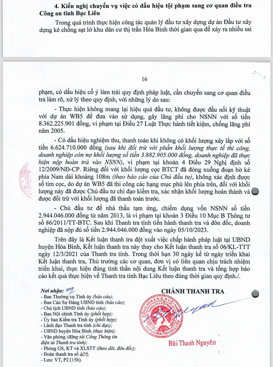 Kết luận thanh tra&nbsp;số 08/KL-TTT của Thanh tra tỉnh Bạc Li&ecirc;u