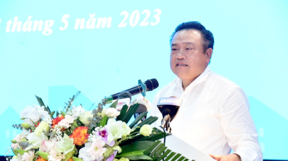 Chủ tịch UBND TP H&agrave; Nội Trần Sỹ Thanh ph&aacute;t biểu tại Hội nghị&nbsp;gặp gỡ, đối thoại với c&ocirc;ng nh&acirc;n lao động Thủ đ&ocirc; năm 2023