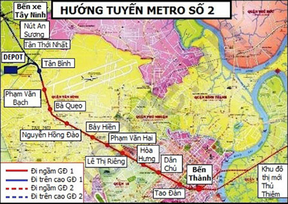 Sơ đồ đường đi của tuyến metro số 2. Ảnh:&nbsp;BQL Đường sắt đ&ocirc; thị TP Hồ Ch&iacute; Minh - MAUR