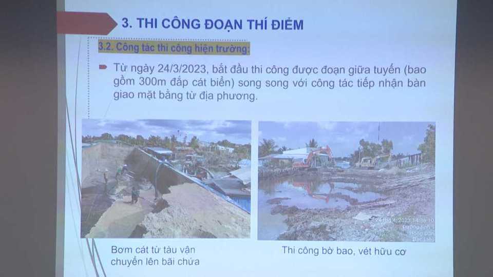 H&igrave;nh ảnh qu&aacute; tr&igrave;nh triển khai dự &aacute;n th&iacute; điểm sử dụng c&aacute;t biển l&agrave;m nền đường tr&igrave;nh chiếu tại hội nghị.