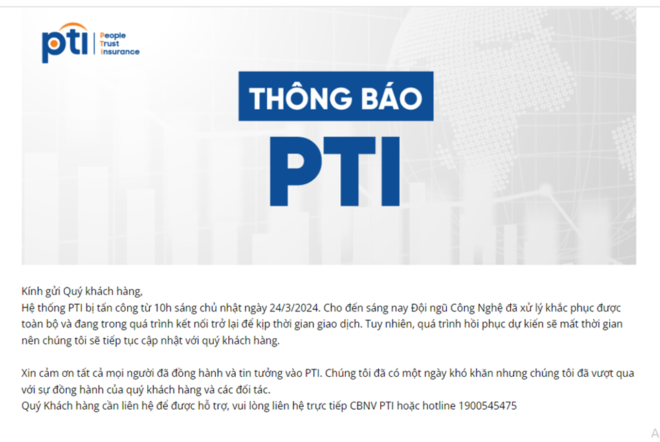 Bảo hiểm PTI cũng c&oacute; th&ocirc;ng b&aacute;o tương tự&nbsp;VNDirect