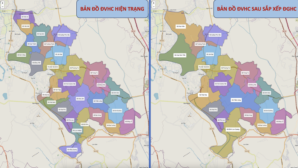 Bản đồ ĐVHC huyện Ứng Ho&agrave; hiện trạng (tr&aacute;i) v&agrave; sau khi sắp xếp (phải).