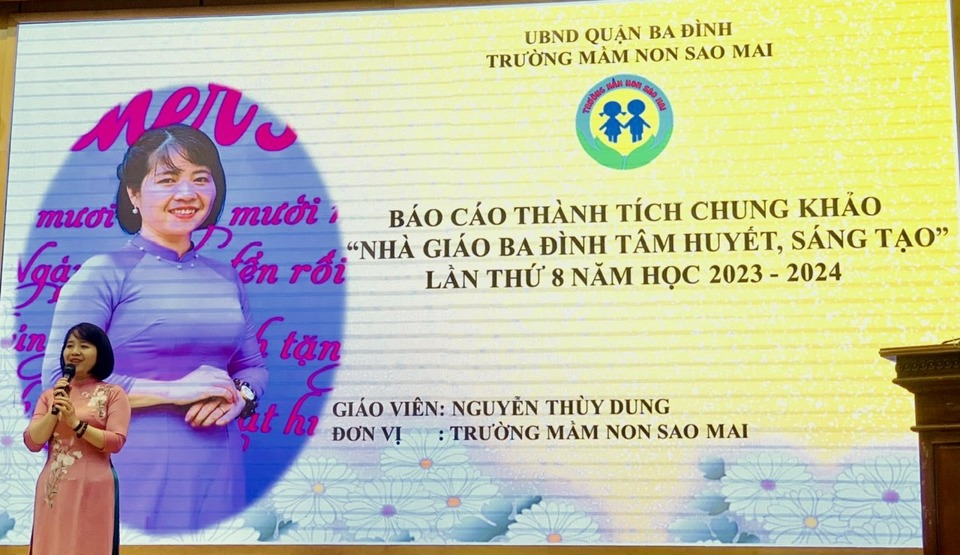 Cô giáo Nguyễn Thùy Dung, Trường Mầm non Sao Mai báo cáo tại vòng chung khảo 