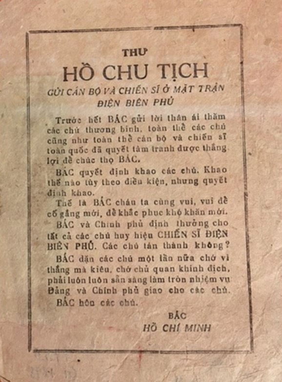 Thư của Chủ tịch Hồ Ch&iacute; Minh gửi c&aacute;n bộ, chiến sĩ ở mặt trận Điện Bi&ecirc;n. (Ảnh tư liệu)