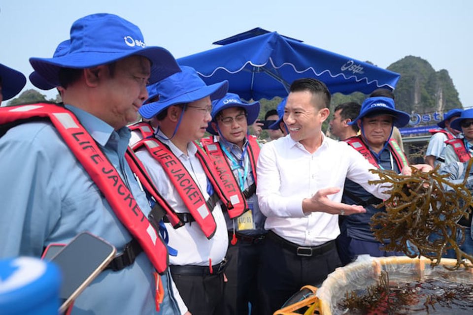 Bộ trưởng Bộ NN&amp;PTNT L&ecirc; Minh Hoan thăm m&ocirc; h&igrave;nh nu&ocirc;i biển của một doanh nghiệp tại Quảng Ninh.