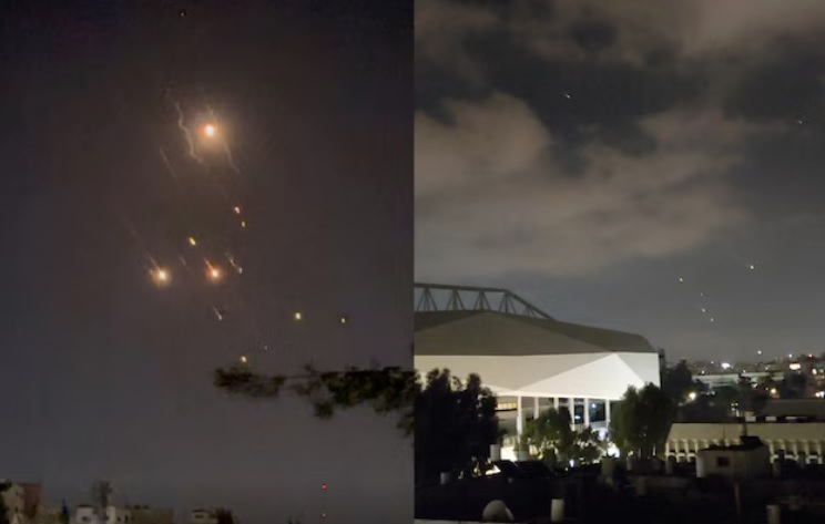 C&aacute;c vật thể tr&ecirc;n bầu trời Tel Aviv sau khi Iran ph&oacute;ng m&aacute;y bay kh&ocirc;ng người l&aacute;i v&agrave; t&ecirc;n lửa về ph&iacute;a Israel ng&agrave;y 14/4 - ảnh chụp m&agrave;n h&igrave;nh từ video đăng tải tr&ecirc;n mạng x&atilde; hội. Ảnh: Reuters