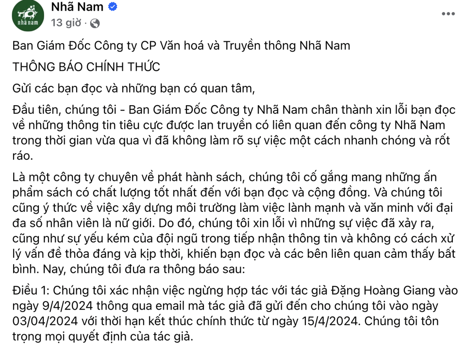 Th&ocirc;ng b&aacute;o của Ban Gi&aacute;m đốc C&ocirc;ng ty CP văn ho&aacute; v&agrave; truyền th&ocirc;ng Nh&atilde; Nam.