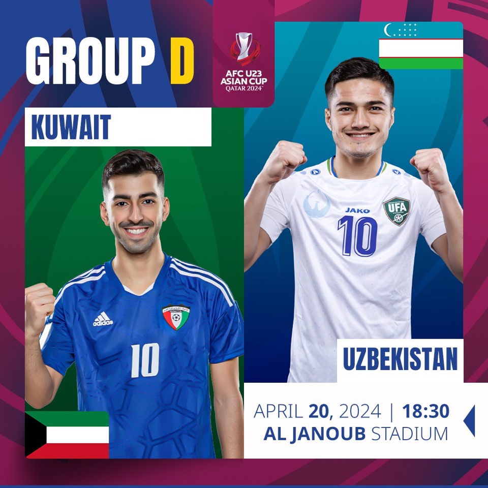 U23 Kuwait gặp U23 Uzbekistan ở lượt trận thứ 2 bảng D tại&nbsp;VCK U23 ch&acirc;u &Aacute; 2024.