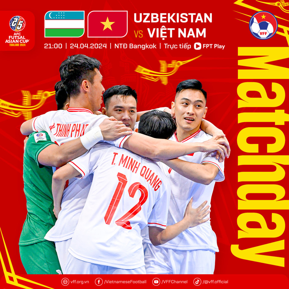 Tuyển futsal Việt Nam sẽ gặp tuyển futsal Uzbekistan v&agrave;o l&uacute;c 21 giờ h&ocirc;m nay 24/4.