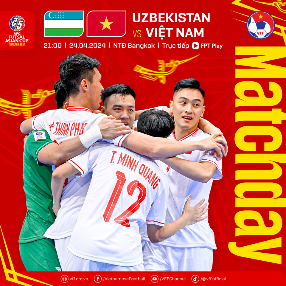 Tuyển futsal Việt Nam sẽ gặp tuyển futsal Uzbekistan vagrave;o luacute;c 21 giờ hocirc;m nay 24/4.