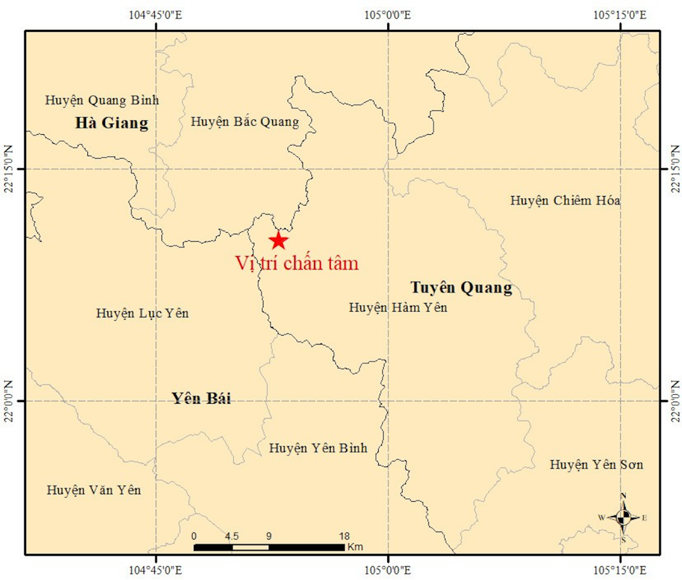 T&acirc;m chấn trận động đất xảy ra tr&ecirc;n địa b&agrave;n tỉnh Tuy&ecirc;n Quang.