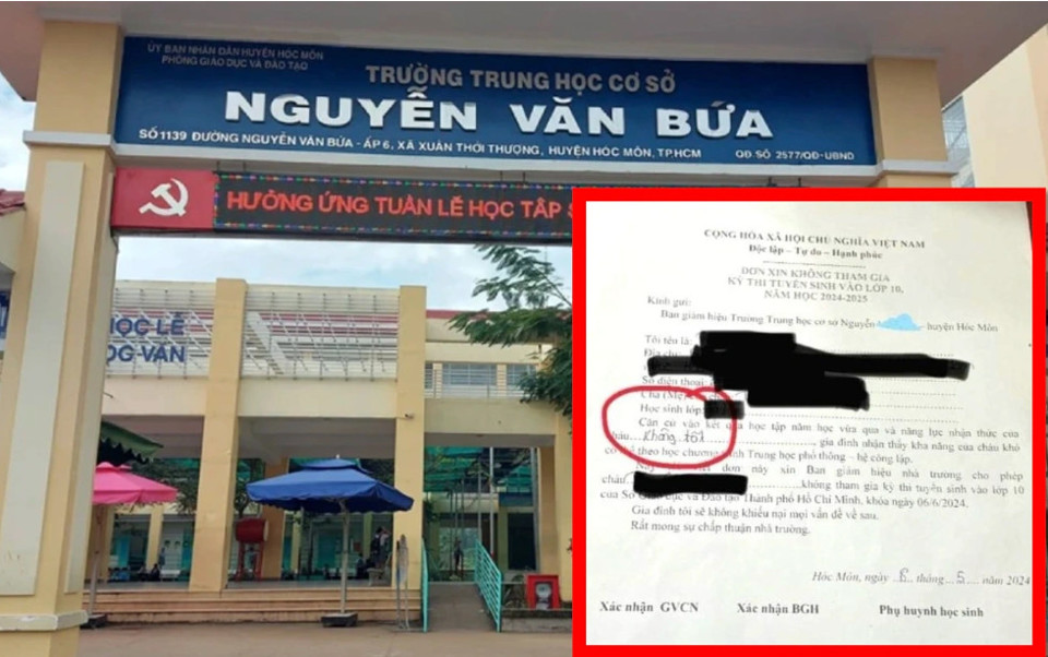 Trường THCS Nguyễn Văn Bứa (huyện H&oacute;c M&ocirc;n) l&agrave; đơn vị ph&aacute;t h&agrave;nh&nbsp;đơn xin &ldquo;kh&ocirc;ng tham gia kỳ thi tuyển sinh v&agrave;o lớp 10&rdquo; (Ảnh: MXH)