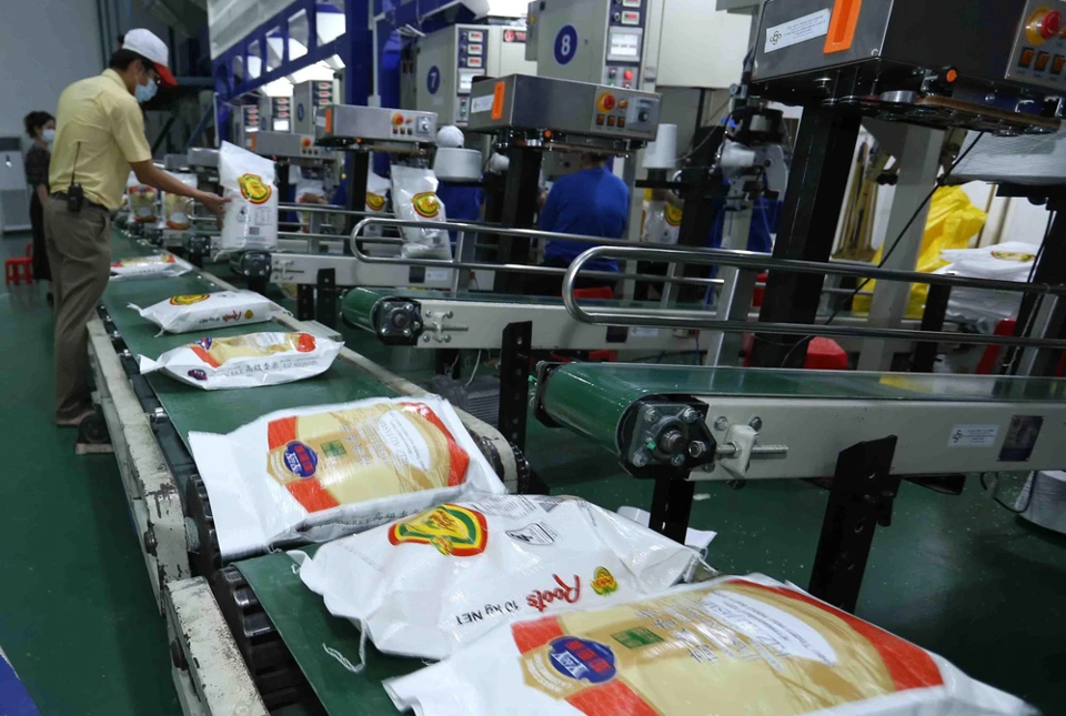 Đóng gói xuất khẩu gạo tại Công ty CP Nông nghiệp công nghệ cao Trung An (Cần Thơ). Ảnh: Vũ Sinh