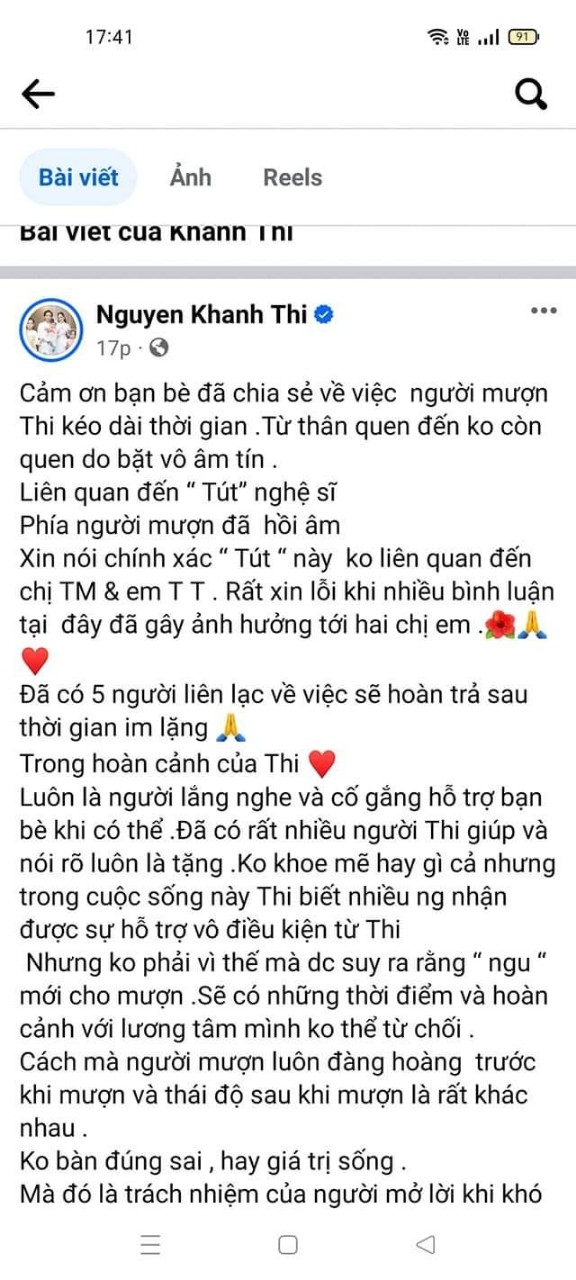 B&agrave;i đăng xin lỗi ca sĩ Thu Minh v&agrave; Thủy Ti&ecirc;n cũng đ&atilde; x&oacute;a khỏi trang c&aacute; nh&acirc;n của Kh&aacute;nh Thi để tr&aacute;nh thị phi. Ảnh: M.M