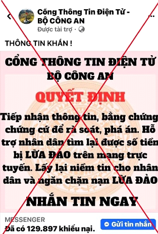 Trang facebook giả mạo Cổng Th&ocirc;ng tin điện tử Bộ C&ocirc;ng an. Ảnh CACC