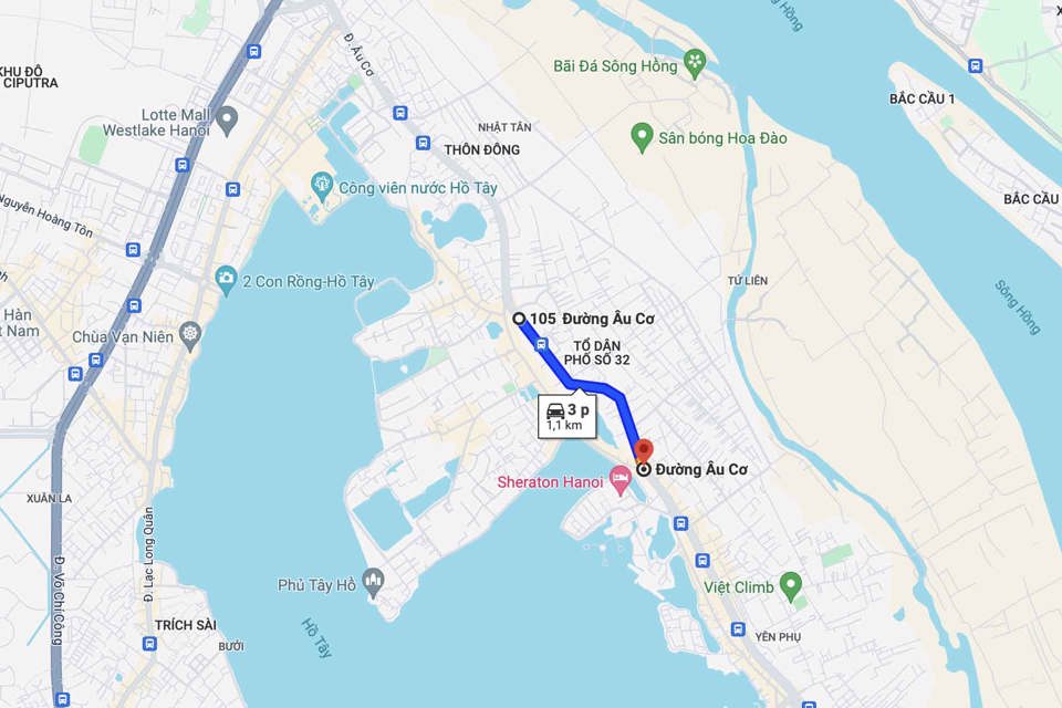 Đoạn tuyến sắp được th&ocirc;ng xe d&agrave;i 1,1km, từ n&uacute;t giao &Acirc;u Cơ - Xu&acirc;n Diệu đến chợ hoa Quảng An. Ảnh: Google Maps