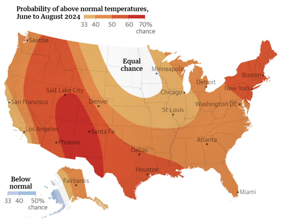 Bản đồ dự b&aacute;o những khu vực phải chịu nắng n&oacute;ng nghi&ecirc;m trọng. Ảnh:&nbsp;National Weather Service