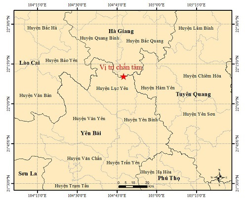 Bản đồ chấn t&acirc;m trận động đất xảy ra tại khu vực&nbsp;huyện Lục Y&ecirc;n, tỉnh Y&ecirc;n B&aacute;i.