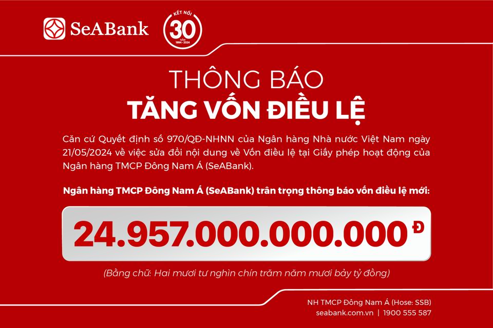 SeABank hoàn tất tăng vốn điều lệ lên 24.957 tỷ đồng - Ảnh 1