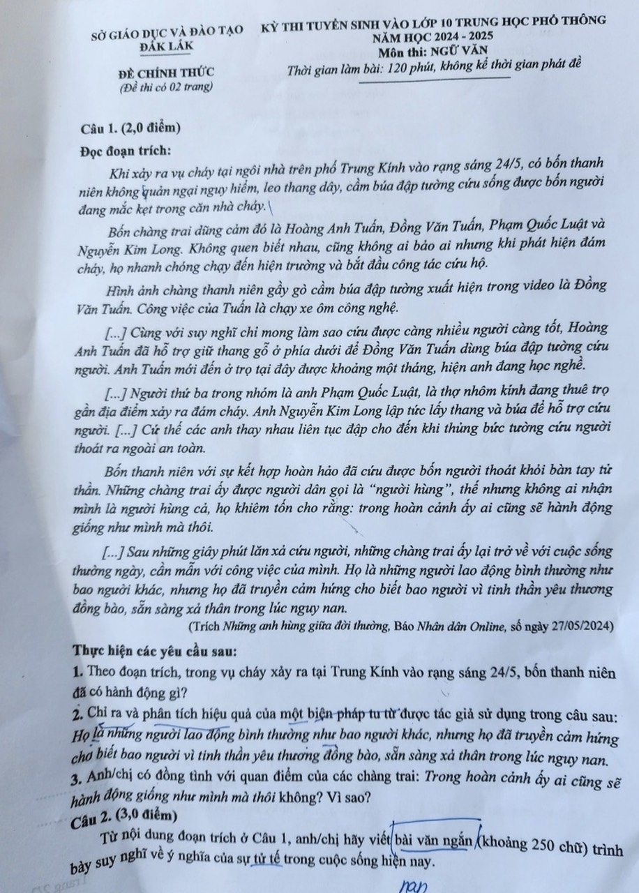 Đề thi ngữ văn kỳ thi tuyển sinh lớp 10 ở Đắk Lắk. Ảnh: Uy Nguyễn &nbsp;
