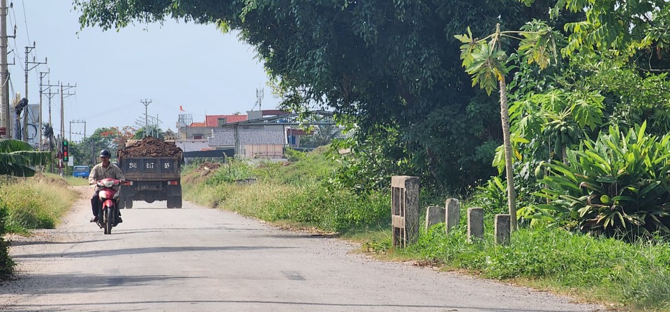 Mặc d&ugrave; đường hẹp, lưu lượng phương tiện tham gia giao th&ocirc;ng đ&ocirc;ng, nhưng h&agrave;ng ng&agrave;y c&oacute; h&agrave;ng chục lượt xe tải chở đất nối đu&ocirc;i nhau ho&agrave;nh h&agrave;nh. Ảnh: Vĩnh Qu&acirc;n