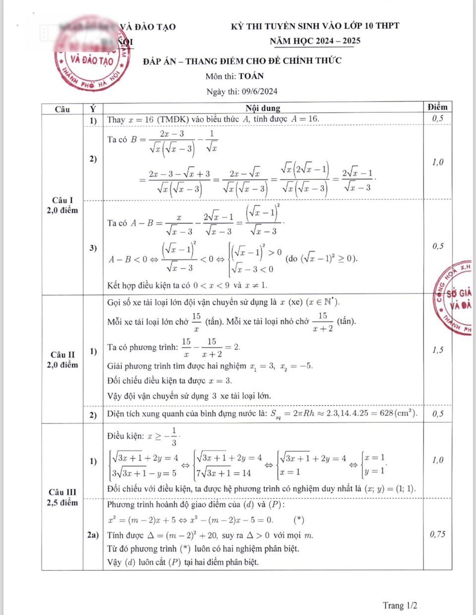 Hà Nội công bố đáp án chính thức các môn thi lớp 10 - Ảnh 1