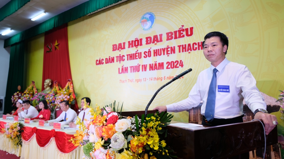 Trưởng Ban D&acirc;n tộc TP H&agrave; Nội Nguyễn Nguy&ecirc;n Qu&acirc;n ph&aacute;t biểu tại Đại hội.