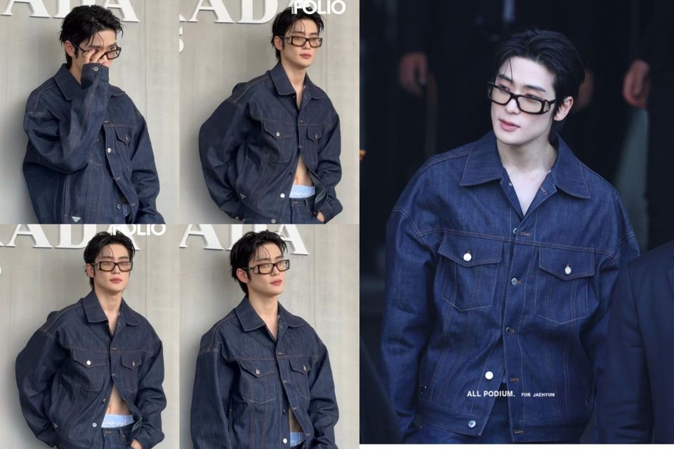 Jaehyun mặc bộ đồ denim c&aacute; t&iacute;nh kết hợp chiếc k&iacute;nh c&oacute; thiết kế hầm hố.