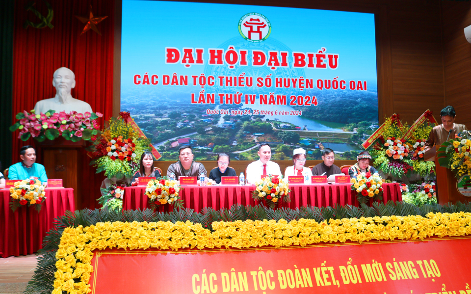 Đại hội đại biểu c&aacute;c DTTS huyện&nbsp; Quốc Oai lần thứ IV năm 2024 với chủ đề &ldquo; C&aacute;c d&acirc;n tộc huyện Quốc Oai đo&agrave;n kết, ph&aacute;t huy nội lực, hội nhập v&agrave; ph&aacute;t triển; chung sức x&acirc;y dựng n&ocirc;ng th&ocirc;n mới n&acirc;ng cao; n&ocirc;ng th&ocirc;n mới kiểu mẫu&rdquo;.