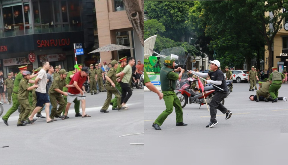Lực lượng chức năng thực hiện diễu h&agrave;nh v&agrave; diễn tập thực binh t&igrave;nh huống tham gia nhiệm vụ bảo vệ ANTT ở cơ sở.
