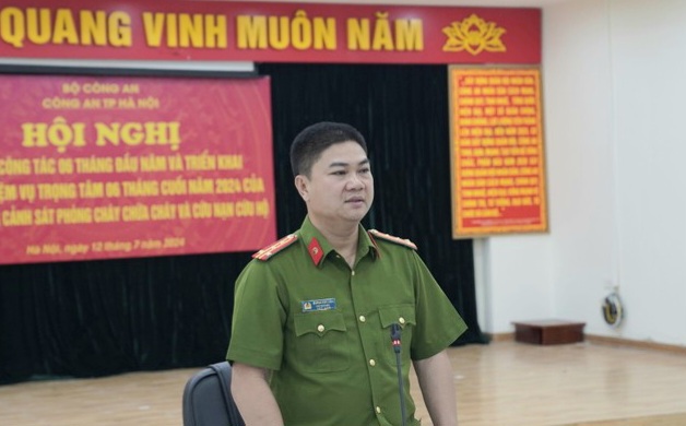 Đại t&aacute; Dương Đức Hải - Ph&oacute; Gi&aacute;m đốc C&ocirc;ng an TP H&agrave; Nội ph&aacute;t biểu chỉ đạo tại hội nghị.