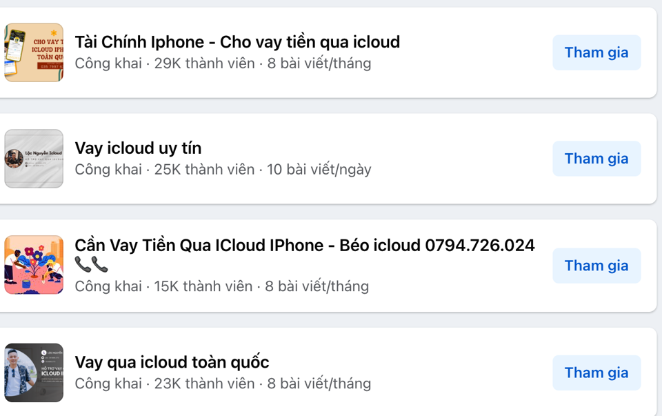 C&aacute;c hội, nh&oacute;m cho vay iCloud tr&ecirc;n mạng x&atilde; hội facebook.