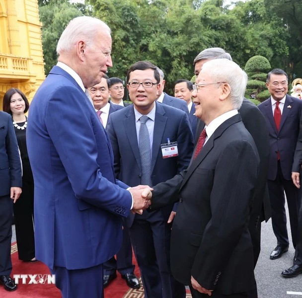 Tổng B&iacute; thư Nguyễn Ph&uacute; Trọng đ&oacute;n Tổng thống Hoa Kỳ Joe Biden thăm cấp Nh&agrave; nước tới Việt Nam từ ng&agrave;y 10 đến ng&agrave;y 11.9.2023. Ảnh: Tr&iacute; Dũng/TTXVN